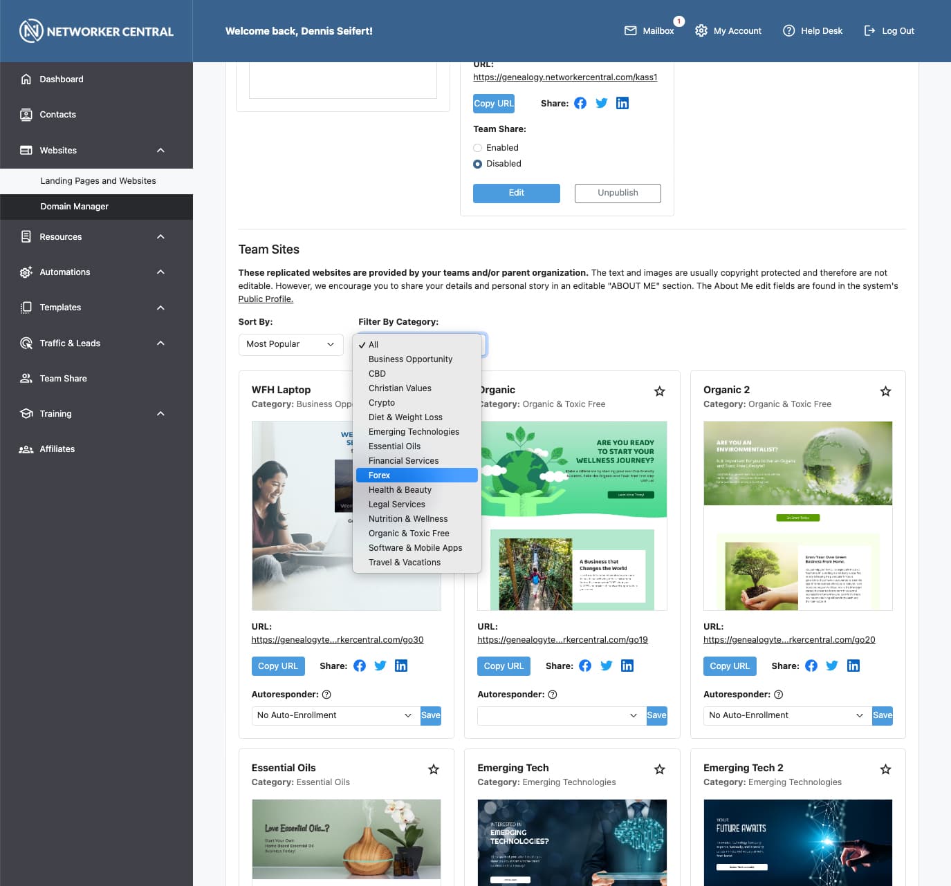 Networker Central landing pages and team sites across dozens of niches